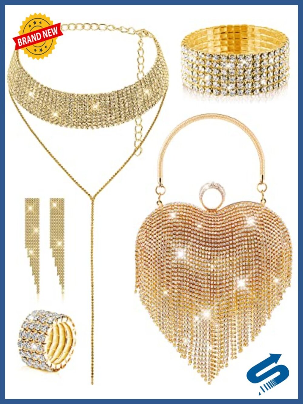 Rhinestone Clutch Purse Jewelry Set 5 Pc Heart Tassel Evening Bag Necklace